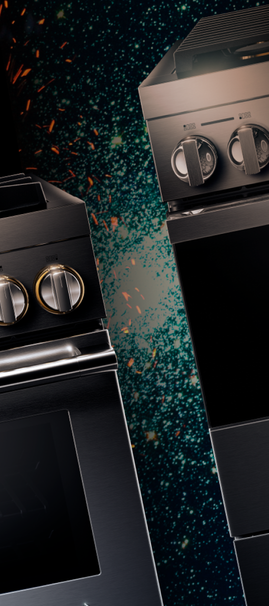 Corners of range appliances with blue and red particles behind them.