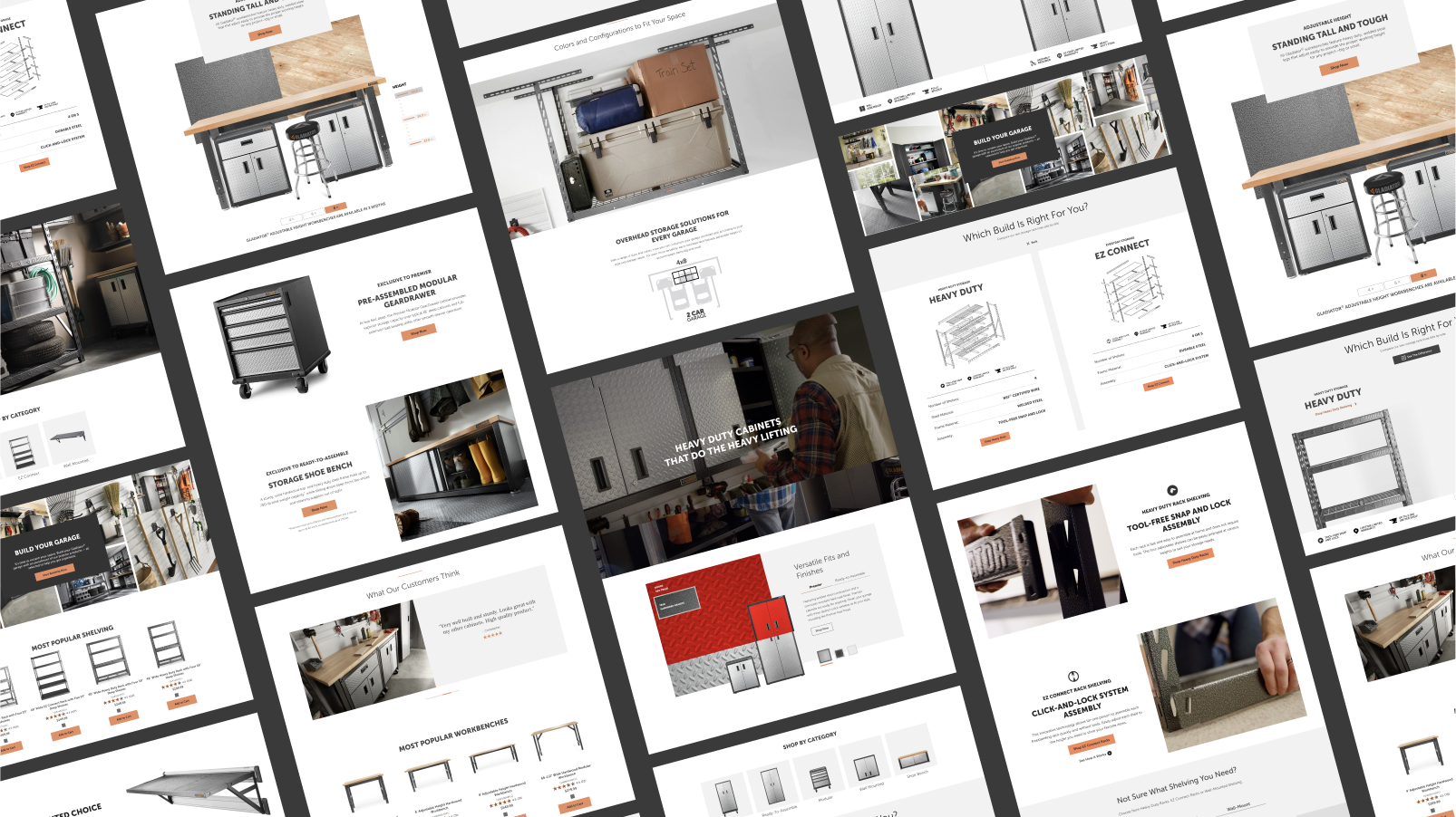 Various pages of the Gladiator brand website.
