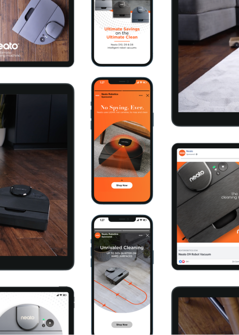 Various Neato Robotics ads and images on various sized mobile devices.