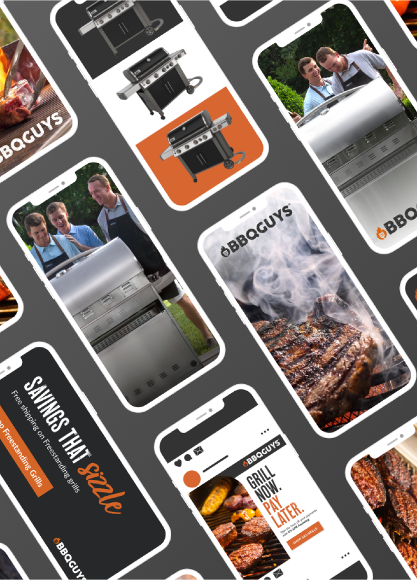 Various BBQGuys ads and images arranged on mobile devices.