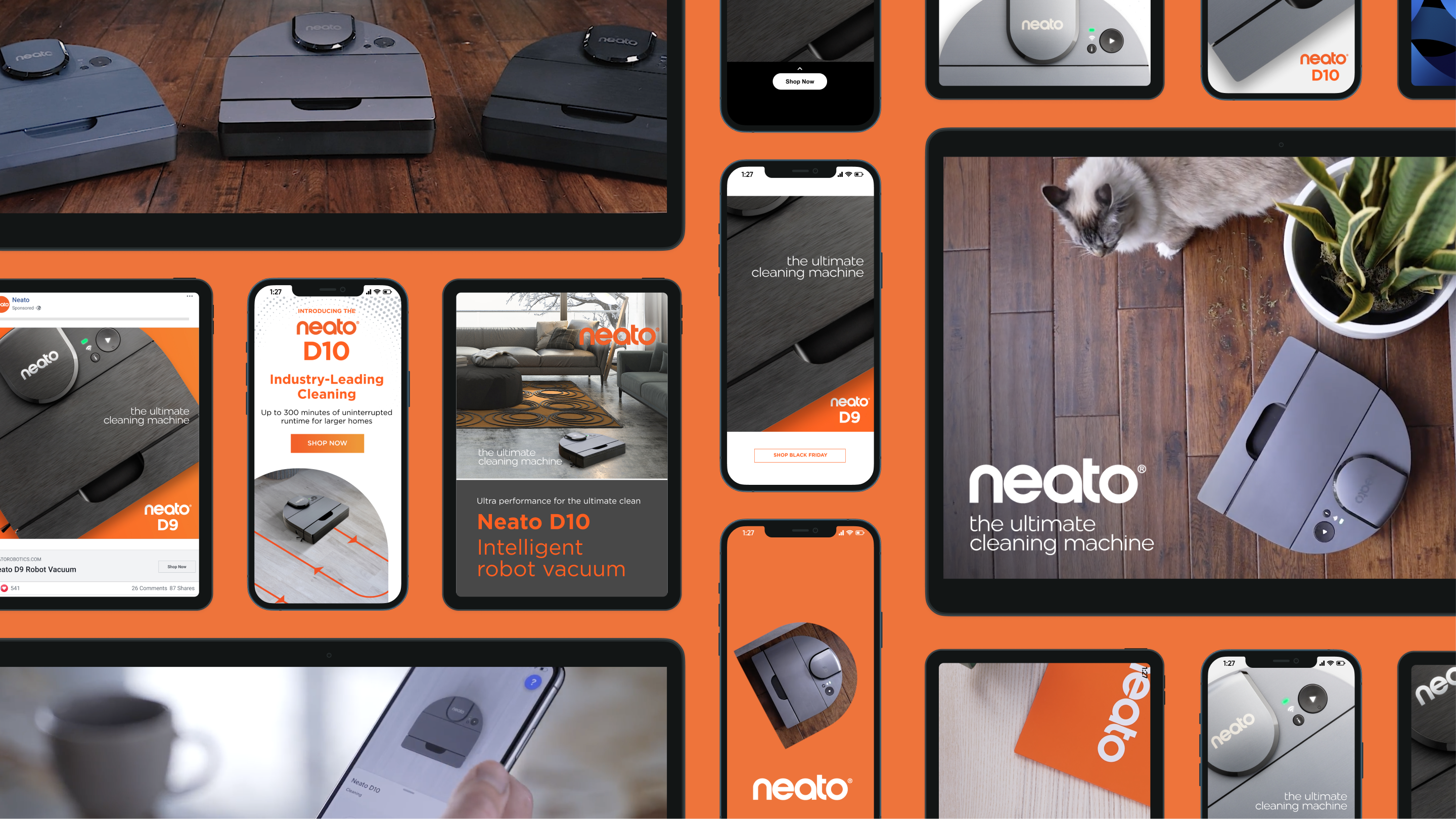 Various Neato Robotics ads and images on various sized mobile devices.