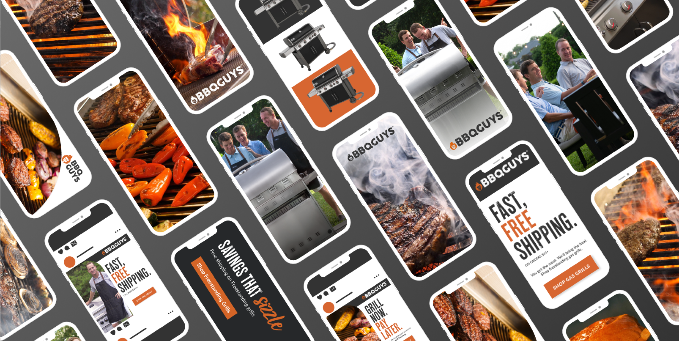 Various BBQGuys ads and images arranged on mobile devices.